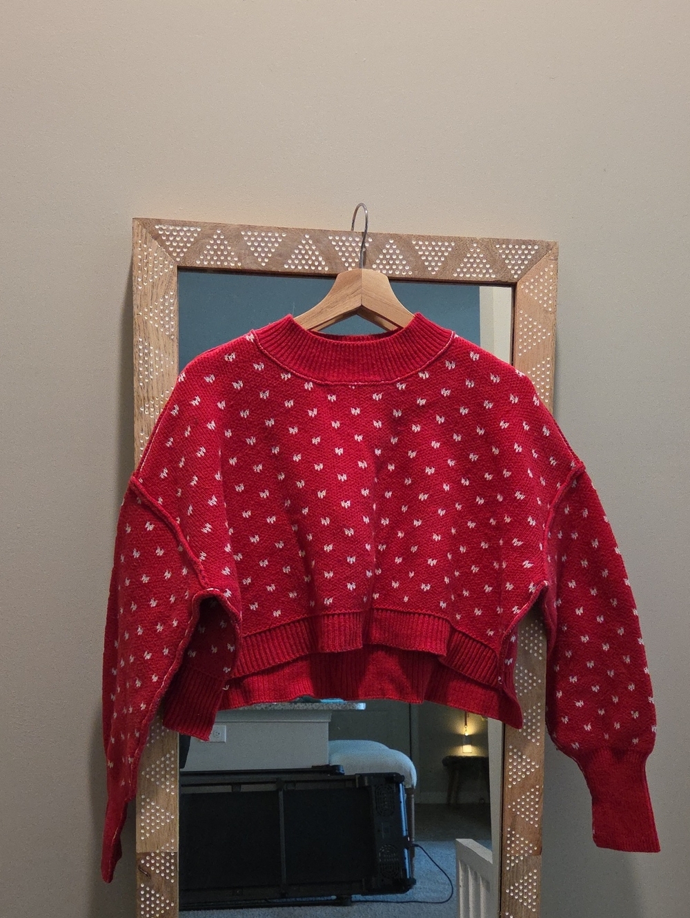 Free People Red Cropped Crewneck Sweater with White Dot Pattern